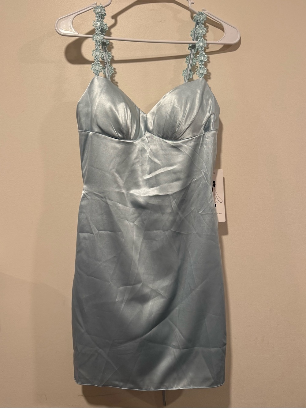 Wear Your Love Blue Satin Mini Dress with Floral Applique Straps